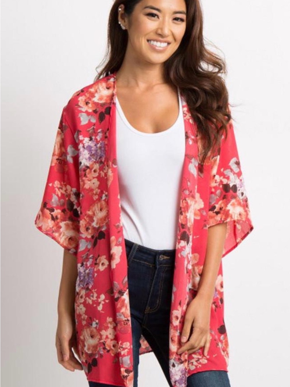ADORA Floral Open-Front Kimono in Coral and White